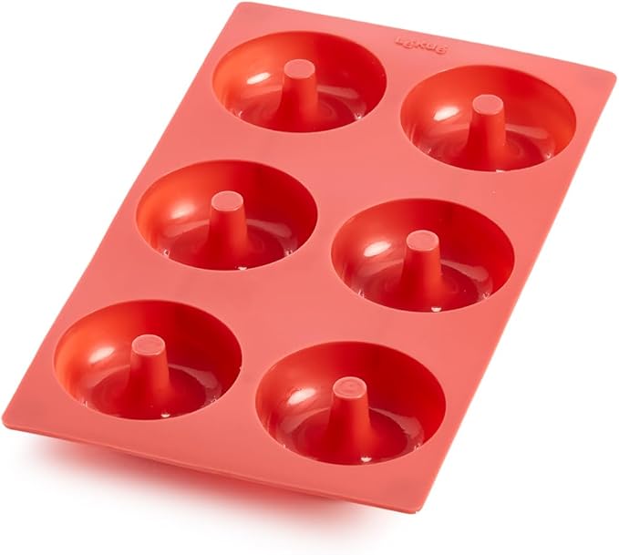 Lékué Platinum Silicone Donut Mold | 6 Non-Stick Holes For Baking - No Grease Needed | Pop-Out Oven Cake Molds | Heat-Resistant, Freezer Safe, Microwave Safe, Dishwasher Safe | Red