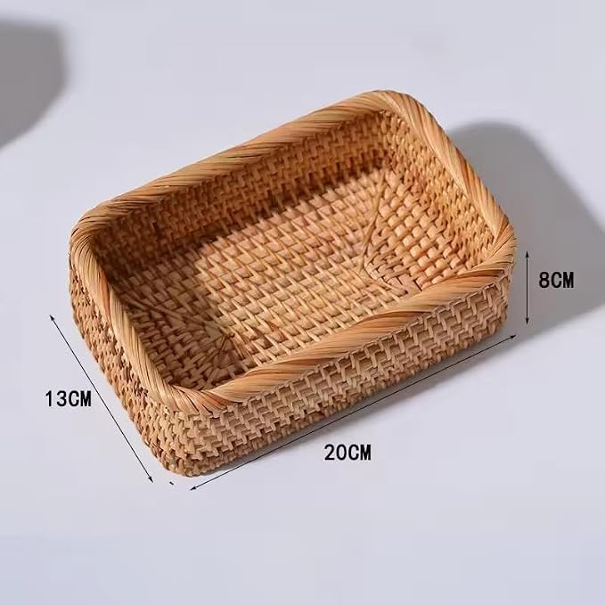 3 Sizes Rectangular Rattan Storage Baskets Handmade Woven Nesting Wicker Baskets for Decor Fruit Tray and Snack Storage Box (Middle Basket)
