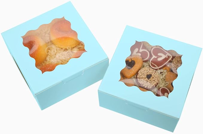 Bakepacker 60pcs Light Blue Bakery Boxes with Window 6x6x3 inches Thick & Sturdy Macaroon Pastry & Cookie Boxes
