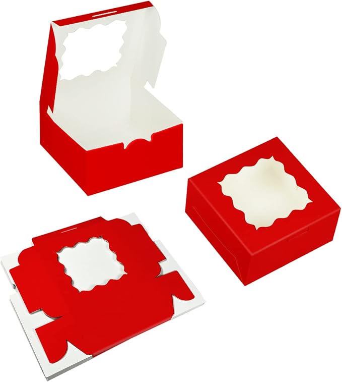 Bakepacker 60pcs Red Cookie Boxes 6x6x3 inches Easy Assemble Macaroon Pastry Boxes Bakery Boxes with Window for Bakery