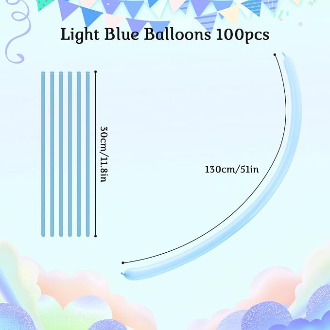 Blue 260 Balloons for Animals & Arch, Long Skinny Balloons for Twisting & Tying, Art Kit for Gender Reveal & Wedding Decorations, 100pcs