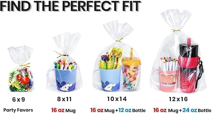 PigPotParty Cellophane Treat Bags 6x9 Inch, 50 Pack Clear Goodie Bags with Bottom Gusset for Stand-Up Display, Small Plastic Gift Wrap for Cookies, Candy, Party Favors, Popcorn, Includes 50 Gold Ties