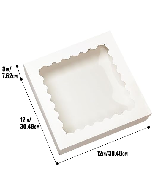 Bakepacker 120pcs White Pie Boxes 12"x 12"x 3" Easy Assemble Macaroon Cookie Boxes Bakery Boxes with Window for Bakery (Auto-pop Up)