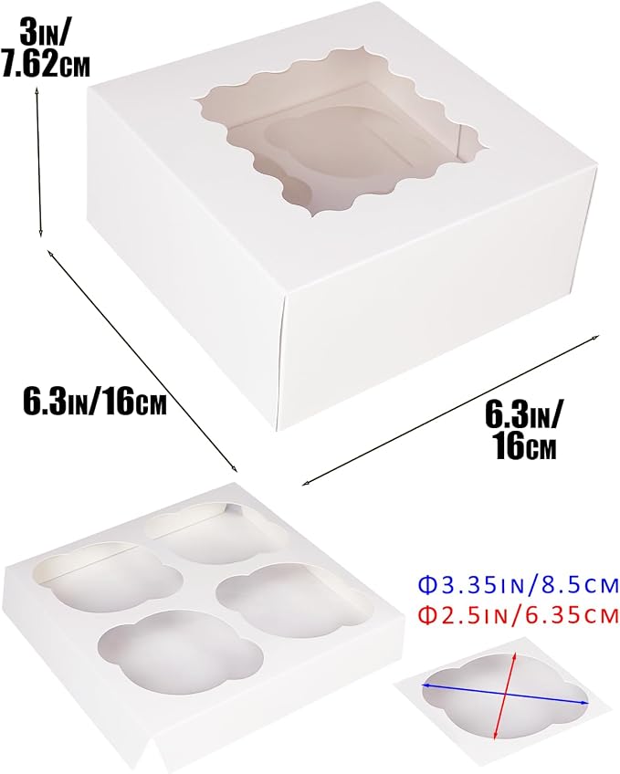 Bakepacker Auto-pop up 4 Cupcake Boxes with Window 20 Count White Box 6.3 x 6.3 x 3inch Cupcake Carrier