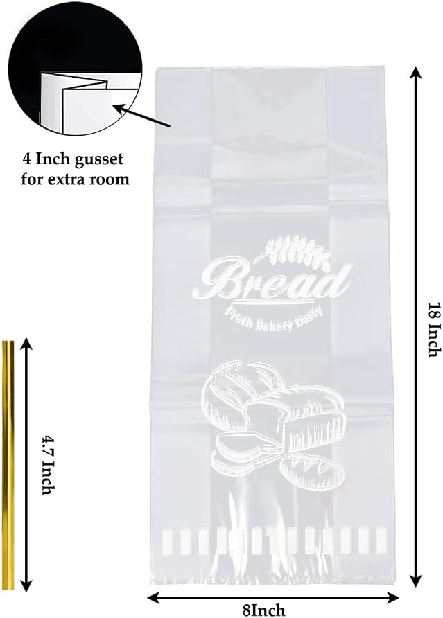 50 Pcs Bread Bags with Ties - 8x18 Inch with 4" Side Gusset Clear Plastic Bakery Bags for Homemade Sourdough, Artisan Loaves, Crusty Bread Storage