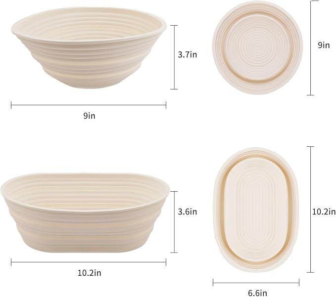 2Pcs Silicone Banneton Bread Proofing Baskets, 10" Oval & 9" Round Foldable Non-Stick Dough Proofing Bowl Containers-BPA Free, Optimum Sourdough Bread Baking Supplies(Beige)