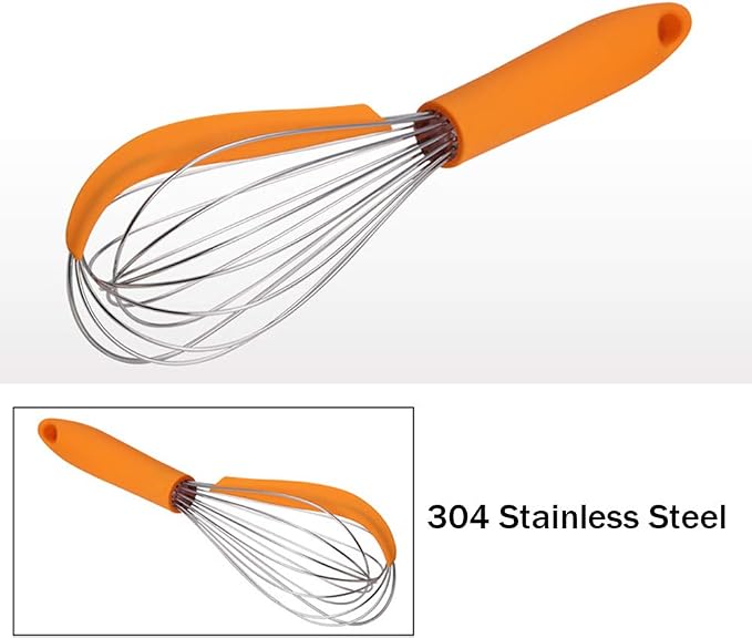 Silicone Wire Whisks Stainless Steel 12 inches Non Stick Orange Hand Dough Whisk Tiny Ballon Whisks for Cooking Matcha Tea Whisk with Spatulas