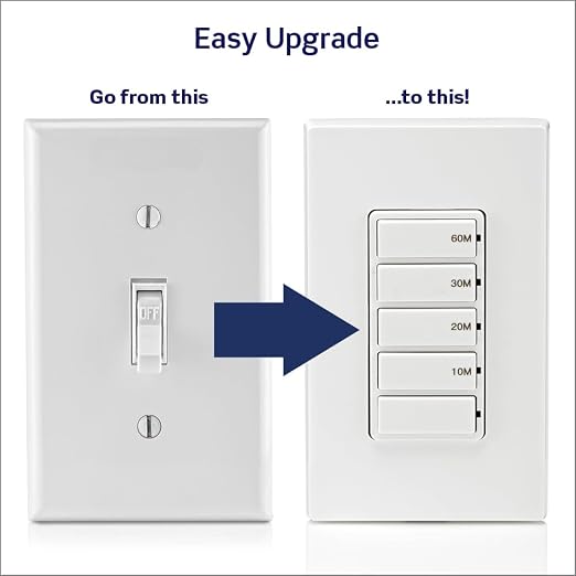 Leviton Countdown Timer Switch for Bathroom Fan and Household Lights,10-20-30-60 min,No Neutral Required,Single Pole,15A,1/2HP/9.8A Fan/Motor,DT160-1LW,White,(Pack of 10)