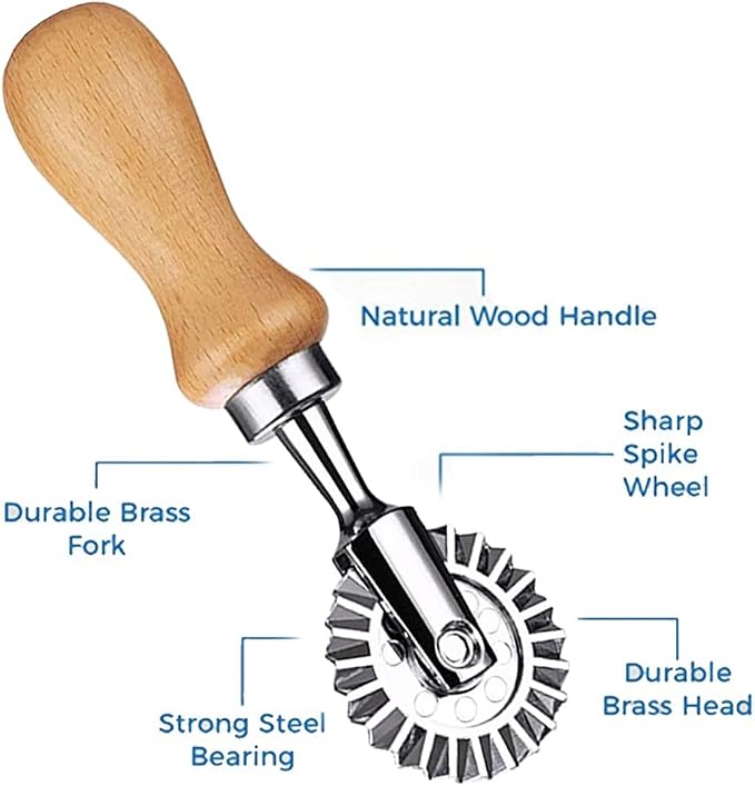 Ravioli Cutter Stamps with Roller Wheel Round Mold with Wooden Handle and Fluted Edge Pasta Press Pasta Cutter for Home and Kitchen Use- 1.3" Diameter