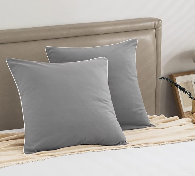 DAUAOTO Euro Shams 26"x26" Square Pillow Cushion Cover 2 Pieces Set Microfiber (Gray with Decorative White Piping)