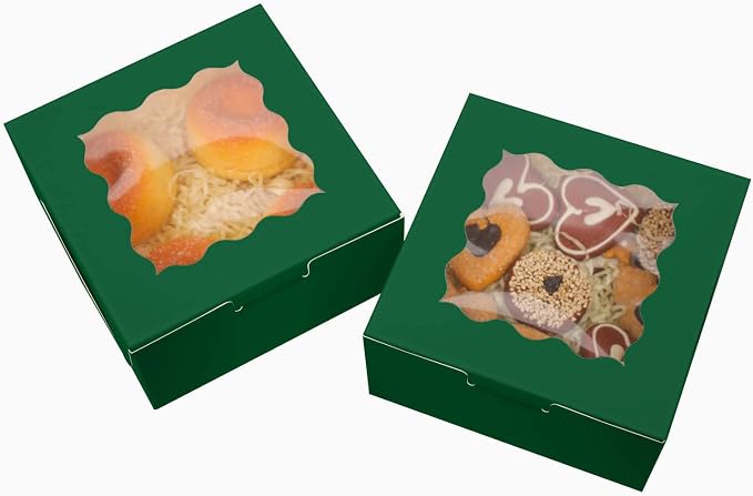 Bakepacker 60pcs Deep Green Bakery Boxes with Window 6x6x3 inches Thick & Sturdy Macaroon Pastry Boxes Cookie Boxes for Bakerys