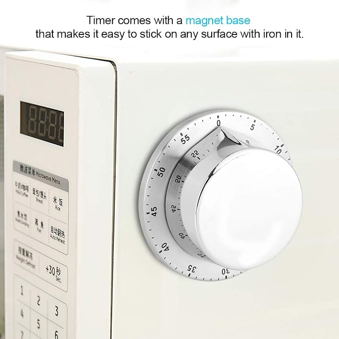 Kitchen Timer, Acogedor Mechanical 1-Hour Kitchen Timer, Stainless Steel Countdown Timer, Long Ring, Magnetic Kitchen Timer Clock for Cooking - Silver(Silver)