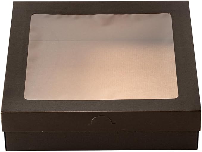 Restaurantware Cater Tek 9 x 9 x 2.4 Inch Baked Goods Boxes 10 Greaseproof Pastry Boxes - Window Lids Insert Tab Lock Black Paper Catering Boxes Easy Assembly For Charcuterie Or Cupcakes