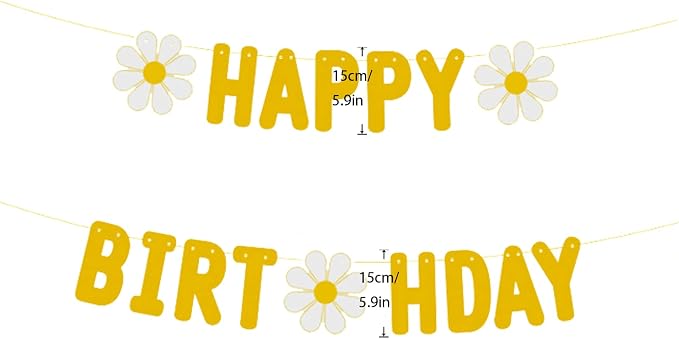 Zwiebeco Yellow Daisy Flower Happy Birthday Party Decoration Sign Banner Bunting Garland Hanging Paper Kit for Kids Adults Groovy Hippie Theme Accessories Supplies