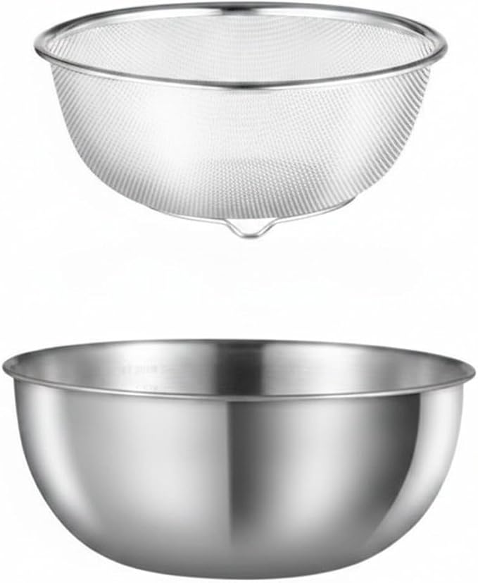 Stainless Steel Mixing Bowl Set with Nested Strainer, 2-in-1 Prep Basin for Washing, Draining, and Mixing