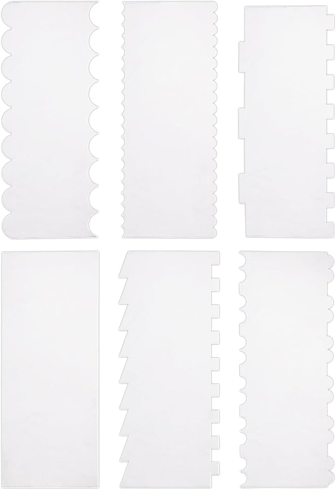 6pcs Acrylic Cake Scrapers Set, 9.4x3.9in Clear Double Sided Cake Icing Fondant Smoother Comb with 12 Shapes for DIY Buttercream Butter Cream Frosting Mousse Dessert Decoration Baking Tool