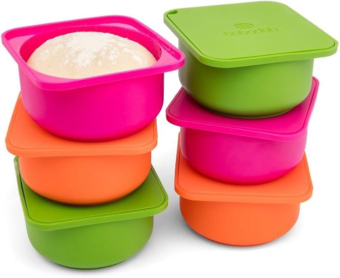 Babadoh Pizza Making Accessories | Pizza Dough Proofing Containers with Lids | Set of 6 | Multi Bright (2 Berry, 2 Orange, 2 Lime) | Original Size (make 12" Pizzas)