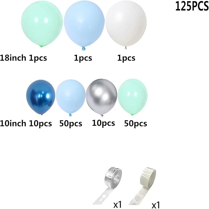 125pcs Blue Green Macaron Balloon and Metallic Blue Silver Balloon Garland Kit for Birthday Retirement Bridal Baby Shower Graduation Wedding Anniversary Party Decoration