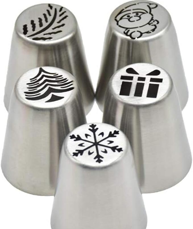 UPKOCH 5 Pcs Snowflake Piping Tips Set - Stainless Steel Russian Piping Tips Holiday Cookie, Cupcake, Cake Decorating - DIY Baking Tools with Christmas Frosting Nozzles