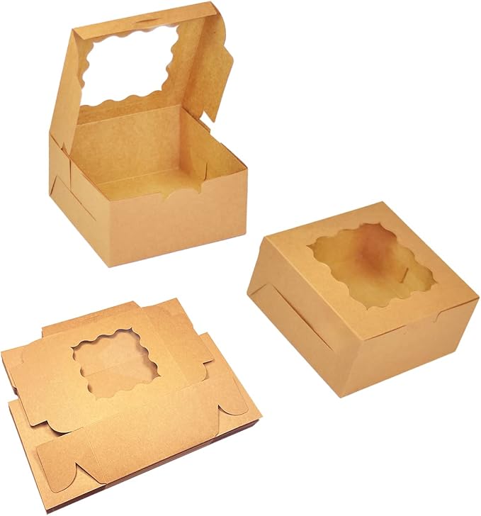 Bakepacker 60pcs Kraft Cookie Boxes 6x6x3 inches Easy Assemble Macaroon Pastry Boxes Bakery Boxes with Window for Bakery
