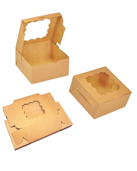Bakepacker 240pcs Brown Cookie Boxes 6x6x3 inches Easy Assemble Macaroon Pastry Boxes Bakery Boxes with Window for Bakery