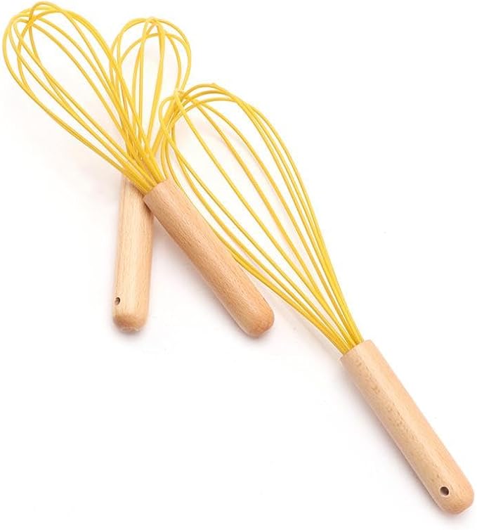 3 Pcs Silicone Whisks With Wooden, Non Scratch Coated Whisks, Balloon Whisk Egg Beater For Cooking, Blending, Whisking, Beating, Stirring