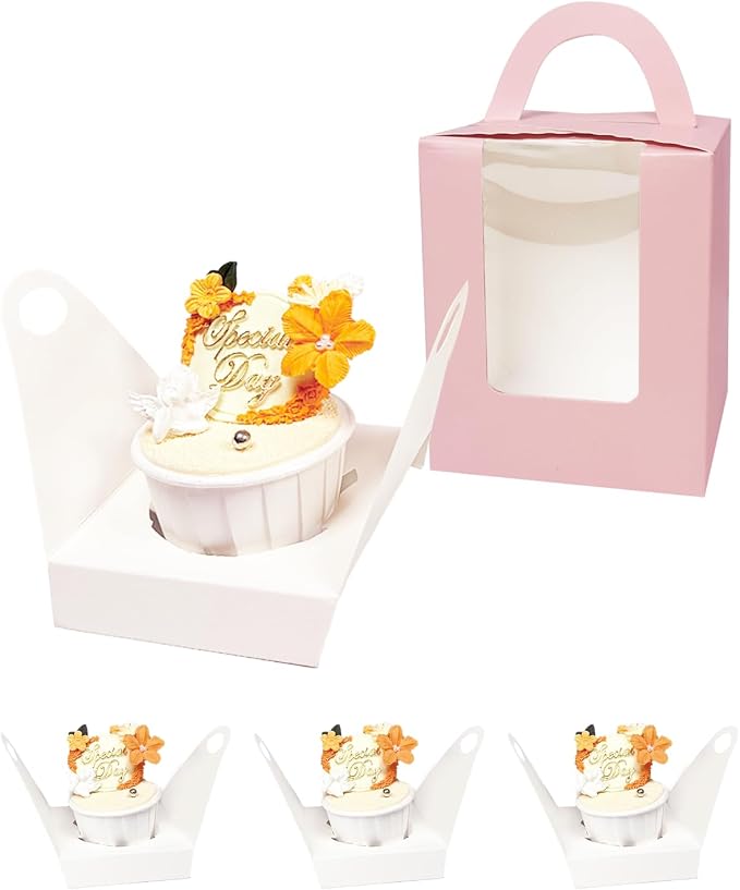 Bakepacker Auto-pop up Individual Cupcake Boxes with Window 60 Count Pink Single Cupcakes Box 3.7 x 3.7 x 4.3inch Cupcake Carrier