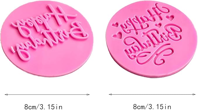 2 PCS Happy Birthday Fondant Embosser，Cookie Stamps，Fondant Letter Stamps，Birthday Cookie Cutters，Embosser Stamp，Happy Birthday Stamp，DIY Baking Cake/Sugar Paste/Cupcake/Chocolate (3.15 Inch, Pink)