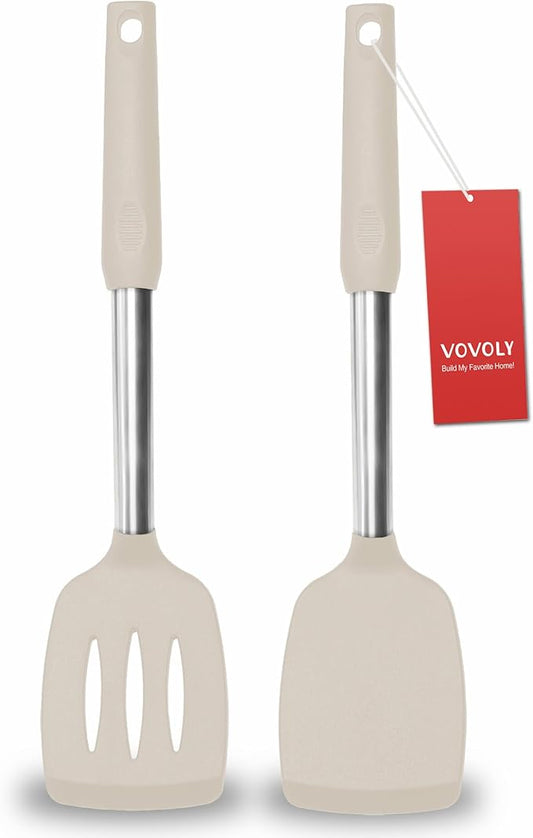 2 Pack Spatulas, Solid & Slotted Silicone Spatula Set, Stainless Steel Handle Coated with Silicone, Non Stick Turners, Heat Resistant Rubber Spatulas for Fish, Eggs, Pancakes, Khaki