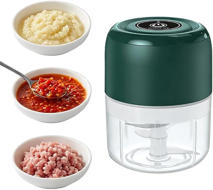 Electric Garlic Chopper, Household Electric Garlic Crusher Set, Rechargeable Wireless Portable Mini Food Chopper for Garlic Ginger Nuts Meat (green 250ml)