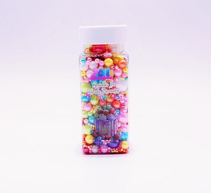 Zali Edible Pearl Sprinkles, Multicolor Mix, 26 Colors Mixed Size | Sugar Pearls, For Cakes, Cupcakes, Cookies, Donuts & Ice Cream, Gluten Free, Food Grade, Wedding & Festival Decoration