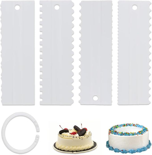 4 Pcs Cream Cake Scraper set, Plastic Decorating Sawtooth for baking, Sided Patterned Edge Stripe Edge Mousse Butter Cake Edge Tools Icing Smoother Kitchen Baking Cake Edge DIY Tool