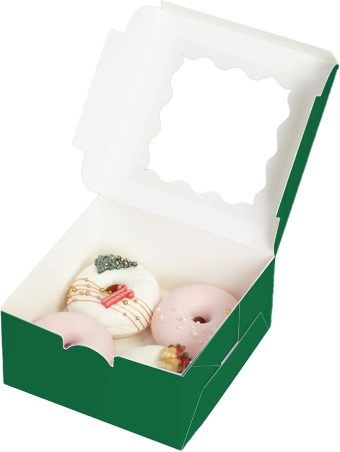 Bakepacker 60pcs Deep Green Cookie Boxes 6x6x3 inches Easy Assemble Macaroon Pastry Boxes Bakery Boxes with Window for Bakery