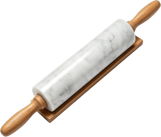 White Marble Rolling Pin for Baking 8inch Barrel，Dough Roller | With Wooden Handles & Wood Cradle, Non-Stick Dough Roller for Pizza, Pasta, Fondant, Pie Crust, Pastry & Cookies