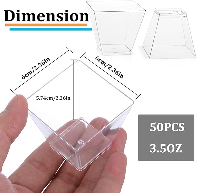 Jnnzzggu 50Pcs Square Mini Plastic Dessert Cups,3.5Oz Clear Plastic Parfait Appetizer Cup for Desserts,Appetizers,Ice Cream