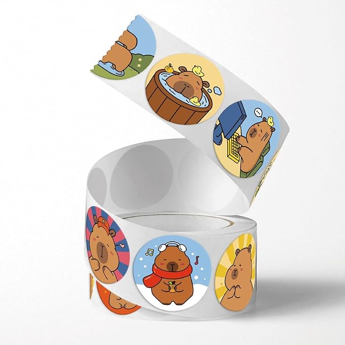 500PCS Capybara Stickers Cute Brown Cartoon Animal Stickers 1 Inch Round Roll for Classroom Prize Party Favors Water Bottle Laptop Luggage Helmet(Capybara)