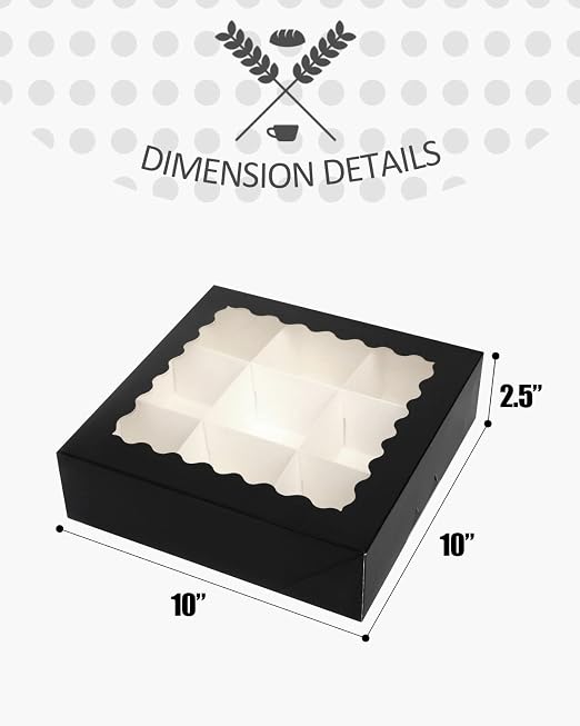 qiqee Black Bakery Box with Window 24-Packs 10x10x2.5 inch Donut Pie Boxes Pastry Box(24pcs Black Bakery Boxes+5 Sets Dividers+20 Silver Stickers+30pcs Cookie Packaging Includes)