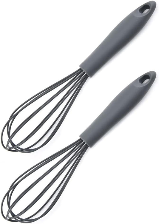Silicone Whisk (2 Pack), Commercial Non-Scratch Balloon Wire Whisk for Cooking, Manual Egg Beater Milk Frother Coffee Whisks, for Blending, Whisking, Beating and Stirring (Grey)