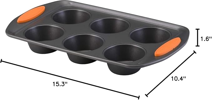 Rachael Ray Yum-o! Nonstick Bakeware Oven Lovin' Cups Muffin Pan 6-Cup, Gray with Orange Handles