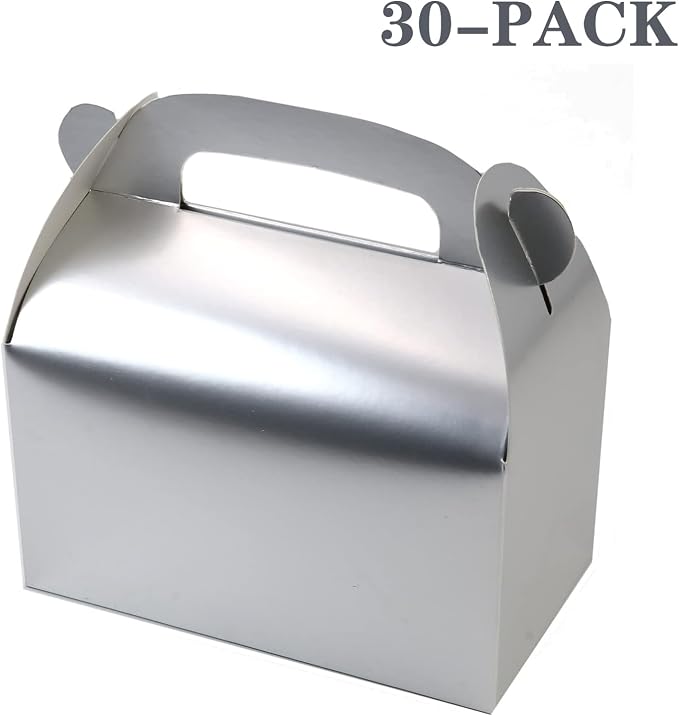 30Pcs Silver Party Favor Treat Boxes Paper Gable Goodie Box | Gift Boxes with Handles Perfect for Wedding, Birthday, Graduation, Babyshower