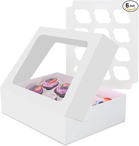 6 Packs Cupcake Boxes, 13x10x3.5 Inch White 12 Count Cupcake Containers with Clear Window, Auto-Pop Up Cupcake Carrier with Inserts for Cup Cake, Cupcake Holder for Muffin, Cookies and Pastry