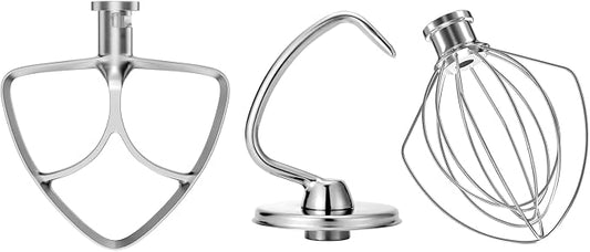 Stainless Steel Stand Mixer Attachments 3-Piece for KitchenAid 4.5-5 Qt Tilt Head Stand Mixer. Includes 6 Wire Whisk, Flat Beater, Dough Hook for KitchenAid 4.5-5 Qt Mixer Bowl