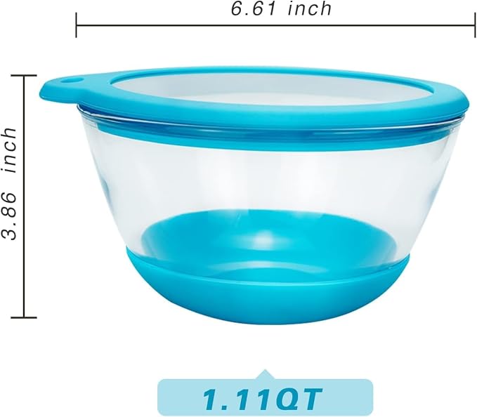 MR. CHOU Glass Cereal Bowl with Lid - Non-Slip Silicone Base for Stability - Ideal for Cereal, Salads, and Snacks - Elegant Design, Microwave & Dishwasher Safe, 1.1QT, Blue