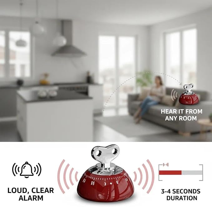 Retro Kitchen Timer Magnetic Mechanical 60 Minute Wind Up Timer No Batteries, Loud Alarm Timer for Cooking, Baking, Classroom, ABS Portable Kitchen Timer, Magnetic Mechanical Timing（Red ）