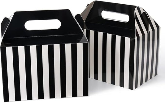 Happyhiram 50 Pcs Large Gift Boxes with Handles Black and White Stripes, 9x6x6 Gable Gift Boxes Party Favor Boxes Barn Style Carry Out Box Recyclable Lunch Boxes Paper for Food Kids Birthday