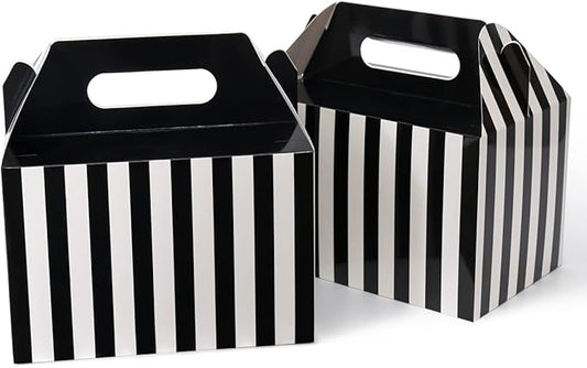 Happyhiram 30 Pcs Large Treat Boxes with Handles Black and White Stripes, 9x6x6 Gable Gift Boxes Barn Carry Out Box Recyclable Paper Packaging for Graduation Lunch
