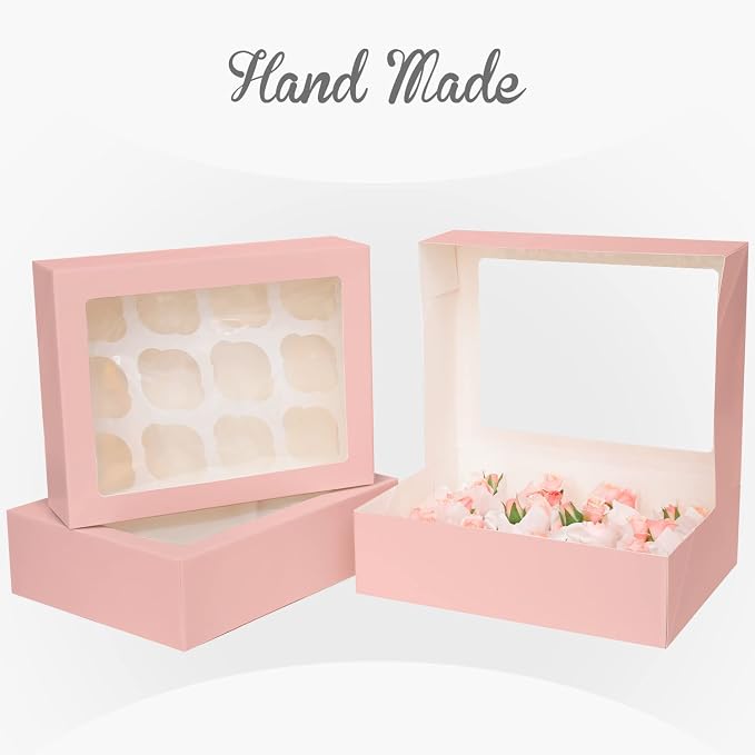 Bakepacker 12 Cupcake Containers 10-Packs Pink Cupcake Box Cupcakes Carrier, 12 Cupcake Boxes with Window 13"x10"x3.5"（Auto-pop up）