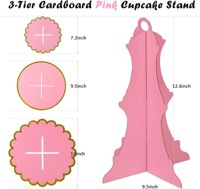 MRPAPA Pink Cupcake & Cake Stand Tray, 3-Tiered Cardboard Cupcake Stand, Easy Assemble Dessert Stand Holder for Party , Girls Baby Shower