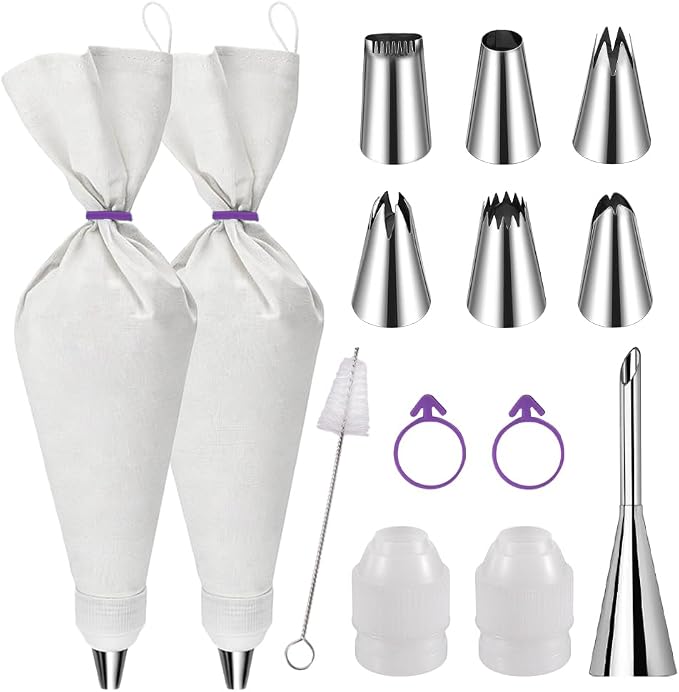 14PCS Reusable Piping Bags and Tips Set-16Inch HeavyDuty Cotton Pastry Bags | With 7Steel Piping Tip Nozzles,Durable Non Slip,Leakproof,Cotton Icing Bags for Cake Decorating,Cookies,Churros,Filling Puff