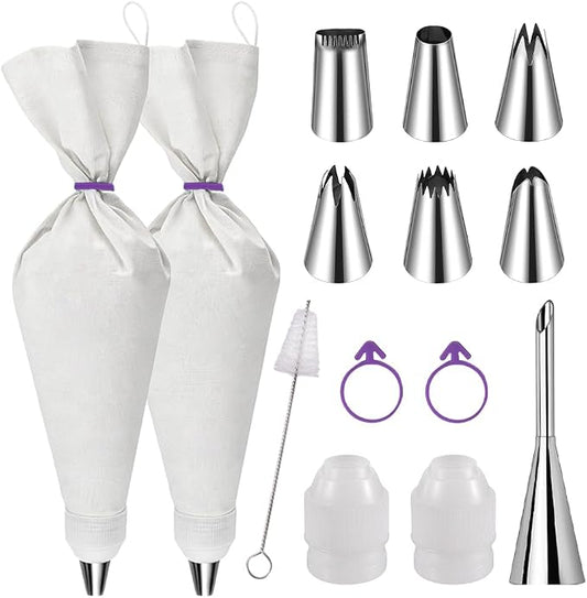 14PCS Reusable Piping Bags and Tips Set-16Inch HeavyDuty Cotton Pastry Bags | With 7Steel Piping Tip Nozzles,Durable Non Slip,Leakproof,Cotton Icing Bags for Cake Decorating,Cookies,Churros,Filling Puff